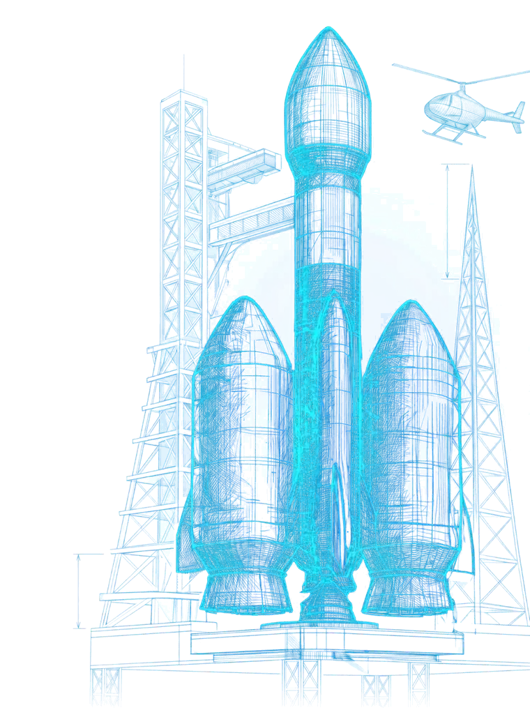 Blueprint of a rocket on its launch tower