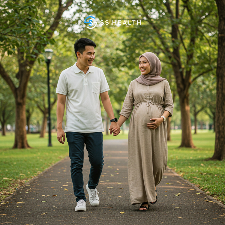 suami memimpin tangan isteri yang sedang mengandung sambil berjalan beriadah di taman