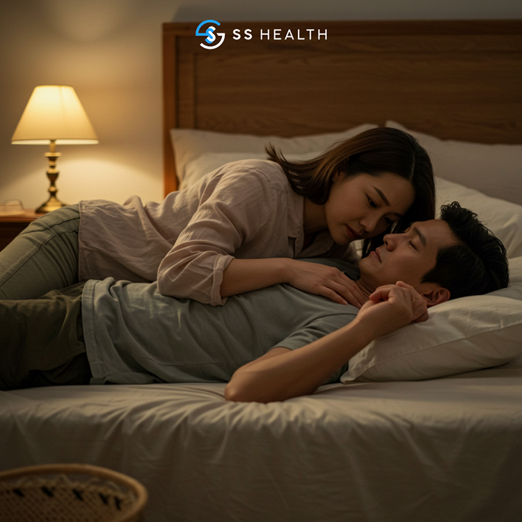 isteri baring atas suami sambil usapa dada dan puting untuk naikkan nafsu suami