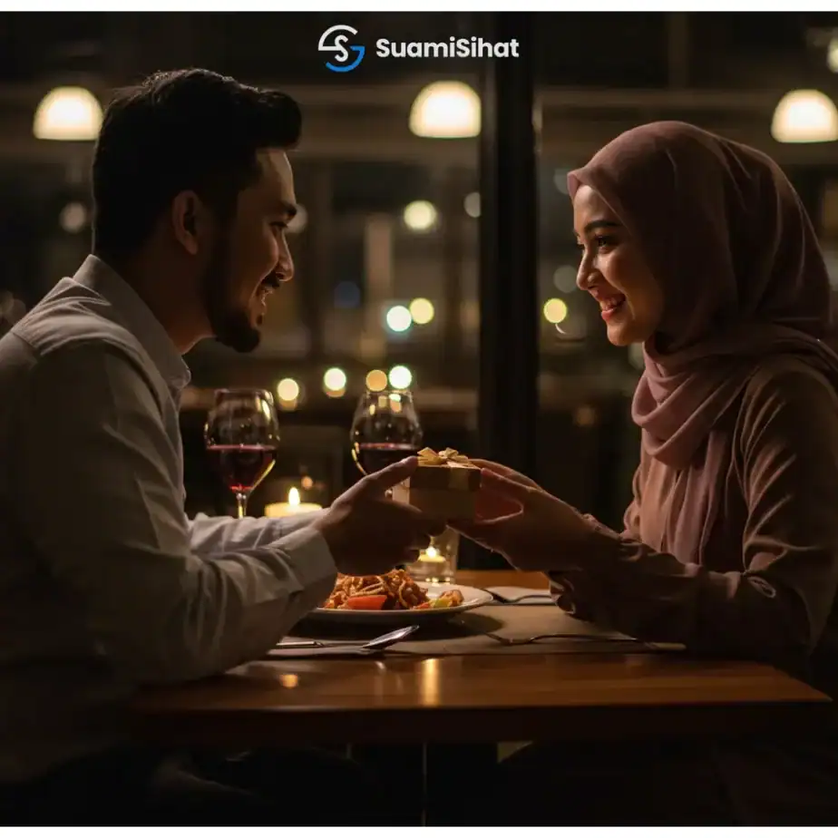 Suami-menghadiahkan-isteri-ketika-makan-malam-dalam-suasana-intim-di-malam-jumaat