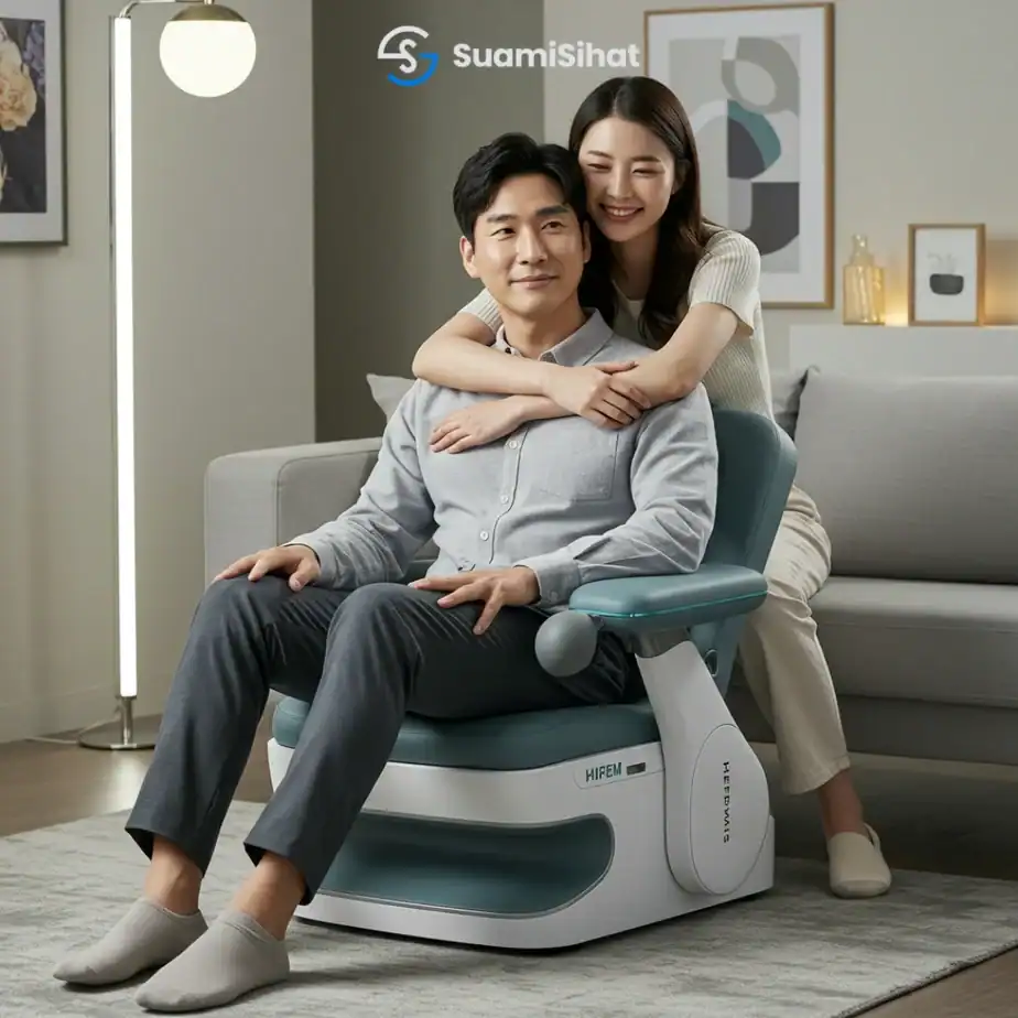 The-man-sitting-on-The-Kegel-Chair-(HIFEM technology)-while-his-wife-happily-hugging-him-from-behind