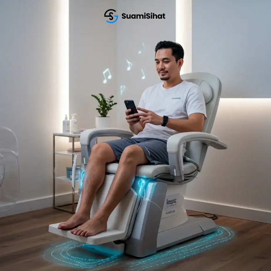 men scroll their phone, listen to music, or just rest while the session takes place.