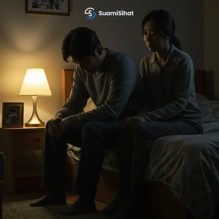 "A 35-year-old man sitting on the edge of the bed at night, head down in frustration. Beside him, his wife sits quietly, her face showing sadness and concern, looking slightly away or holding his hand gently. The room is dimly lit with a warm bedside lamp. A framed photo of their two children on the table or wall in the background adds emotional weight. The atmosphere is heavy, intimate, and emotional — showing the silent struggle between husband and wife. Photorealistic or cinematic tone, soft shadows, and warm colors."