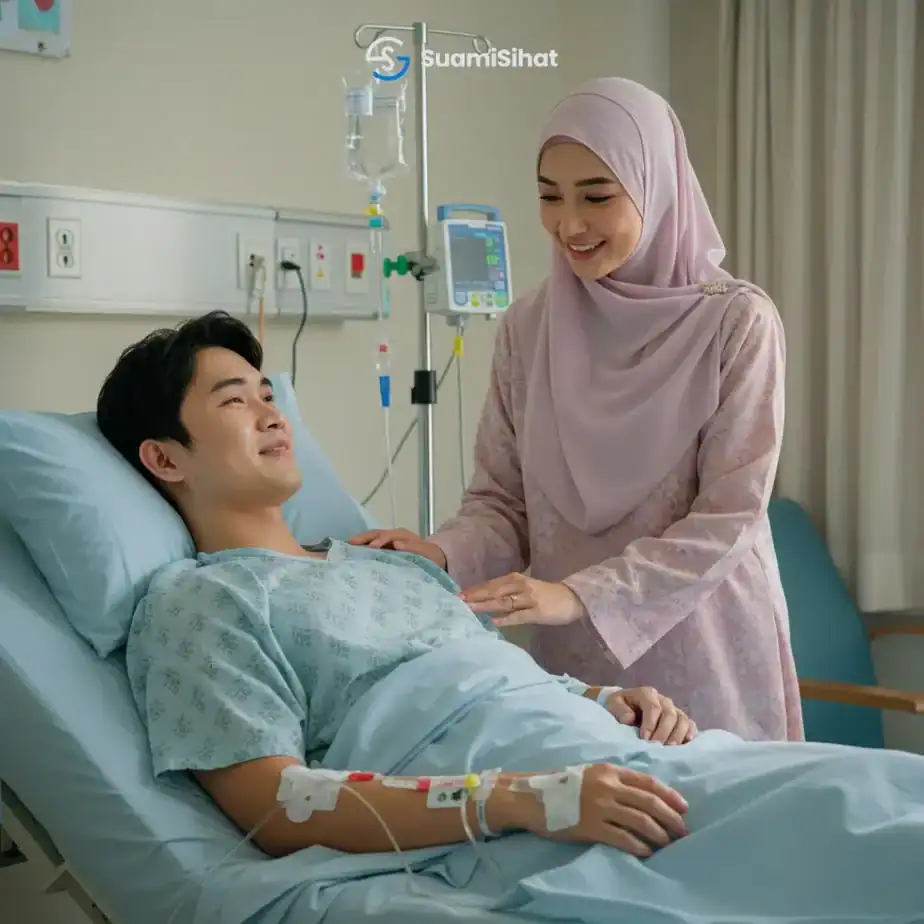 Isteri-melawat-suami-sakit-sambil-dengarkan-pickupline-dari-suami