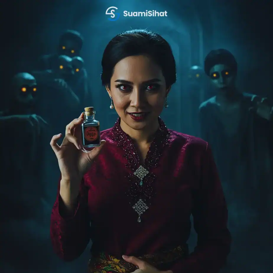 Perempuan-pegang-botol-kecil-berisi-minyak-dagu