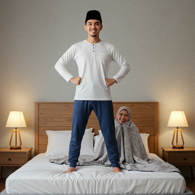 Amir lelaki stamina kuat sedang berdiri seperti superhero atas katil